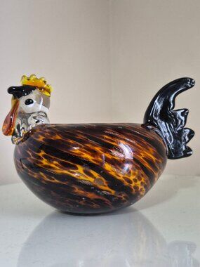 VTG Tortoiseshell Art Glass Rooster Bowl / Candy Dish/ Planter Vase- Aventurine